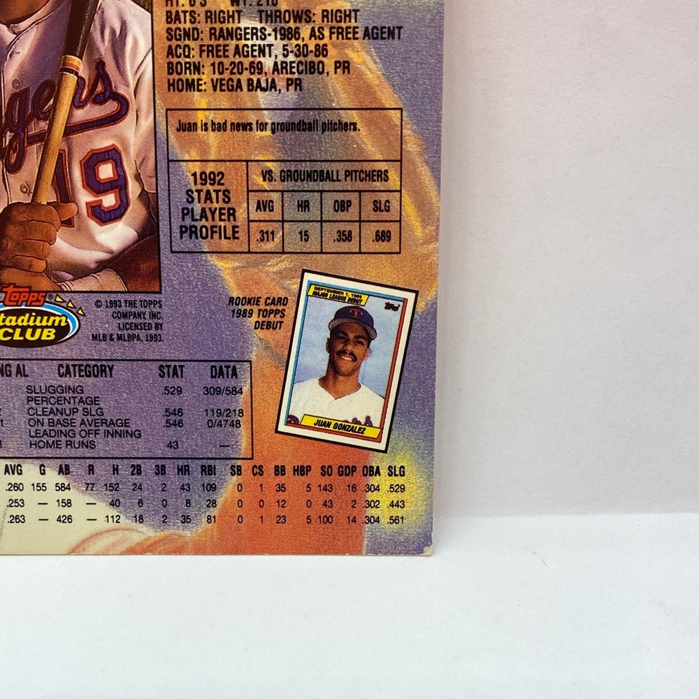 1993 Topps Stadium Club Juan Gonzalez #540 in Person Autograph (082) - Picture 6 of 7